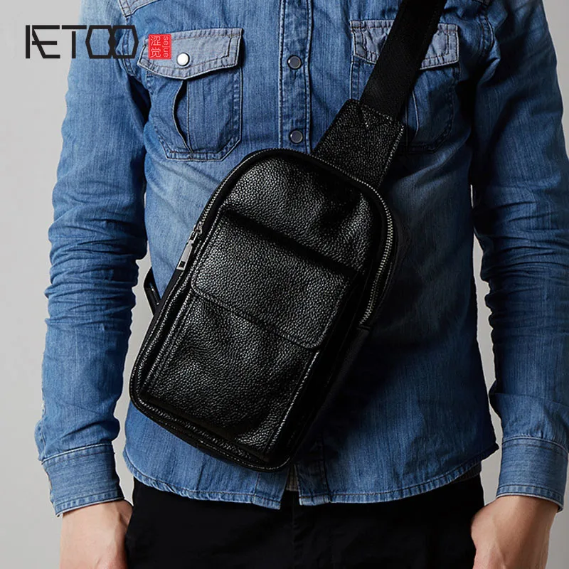 

AETOO New leisure leather male chest bag head layer cowhide fashion tide men flow Messenger bag shoulder bag