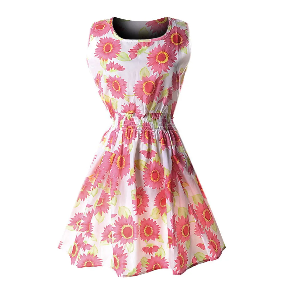 2019 Floral cute pink Women Casual Chiffon O-Neck Sexy Sleeveless Print Beach Mini Party Dress vestito donna