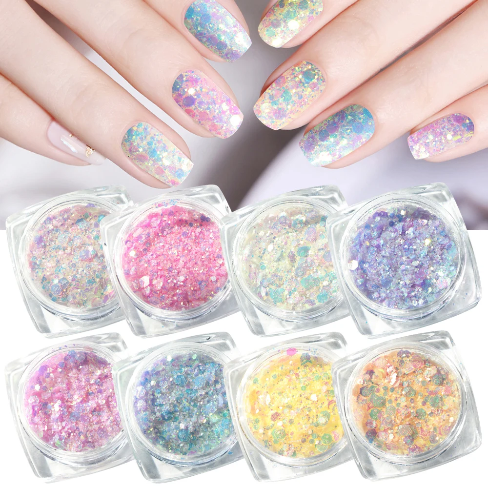 

8box Sunlight Sensitive Nail Glitter Powder Photochromic Changing Colors Sand Nail Polish Hexagon Flake Manicure Decor LA913