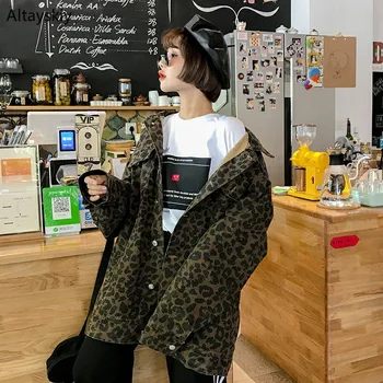 

Jackets Women Leopard Retro All-match Harajuku Korean Style Loose Students Pockets Turn-down Collar Womens Lovely Simple Chic