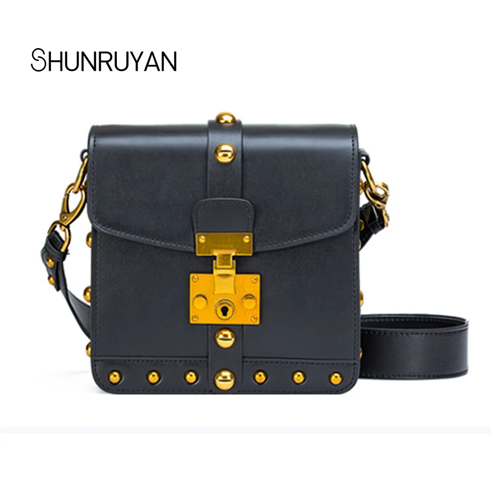 

SHUNRUYAN 2018 Summer New Brand Design Genuine Leather Rivet Fashion Ladies Shoulder Bag Small Square Bag Crossbody Package