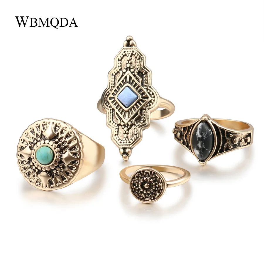 4Pcs/lot Fashion Gold Silver Midi Rings For Women Indian Knuckle Finger Viking Ring Set Vintage Tibetan Jewelry Boho Accessories
