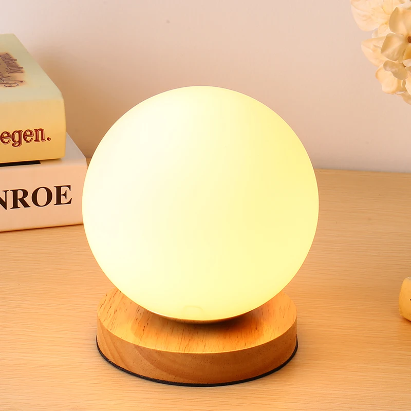 Desk Lamp Bedroom Bedside Table Lamp with E27 LED Bulbs Modern Fashion Table Lamps for Bedroom Glass Ball Wood Night Lampes