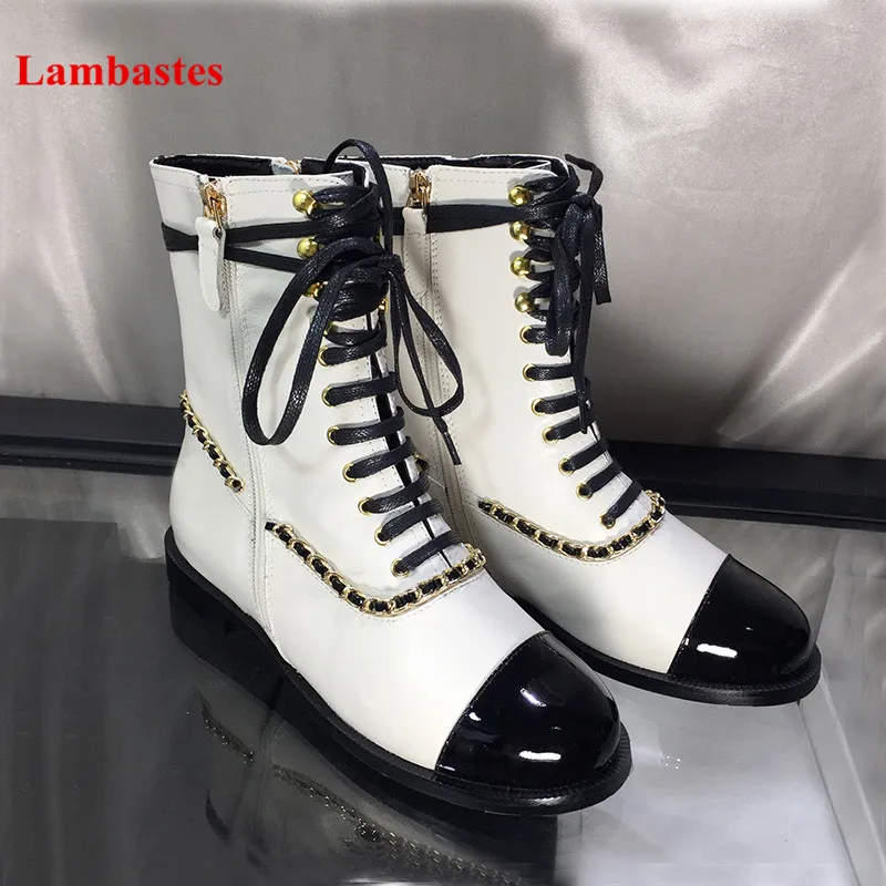 

2018 Brand Design Shoes Women Mixed Color Chain Cross-tied Women Martin Boots Zip Leather Ankle Botas Femeninas Casual Shoes