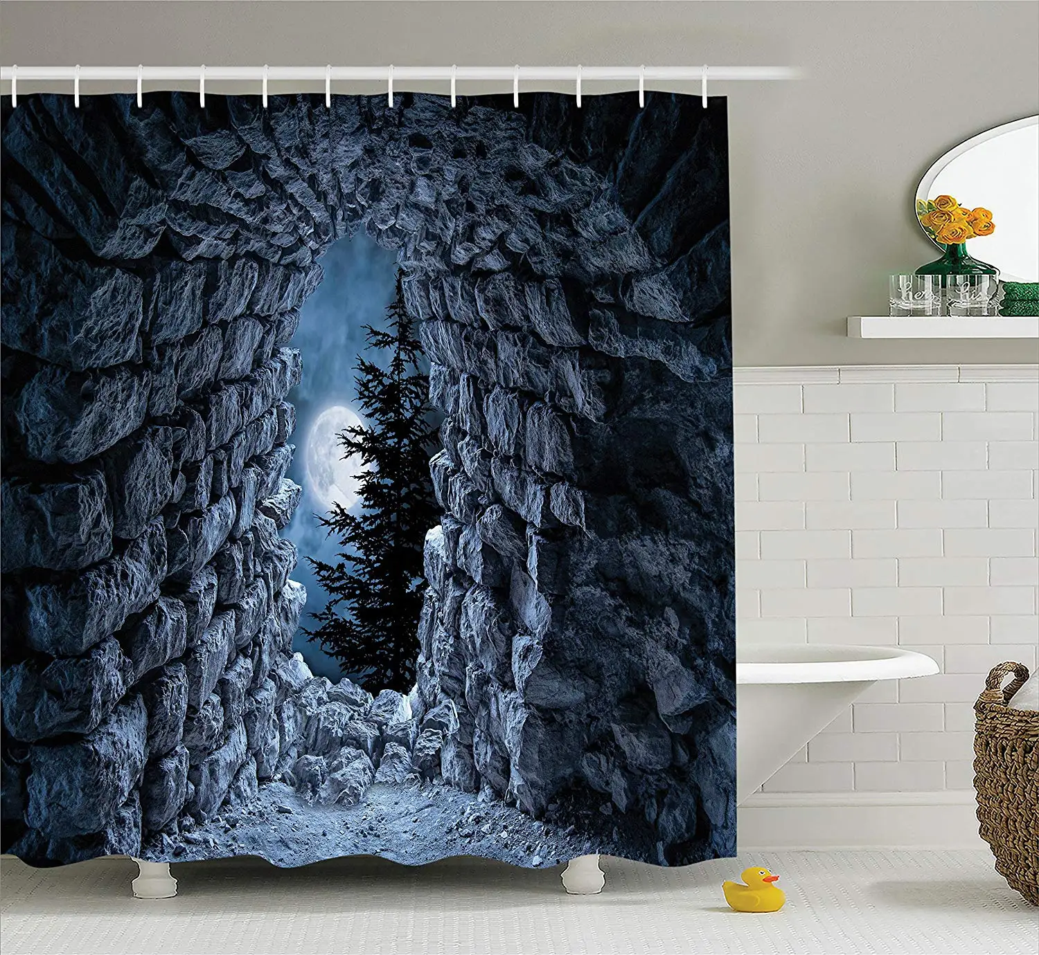 Gothic Shower Curtain Dark Cave with The Light of Full Moon at Night