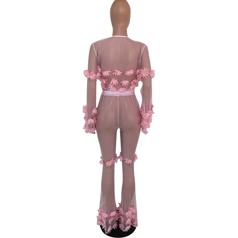 Сексуальные сетчатые прозрачные комплекты одежды с цветочным принтом комплекты из 2 предметов Летний Пляжный топ с длинными рукавами+ расклешенные брюки