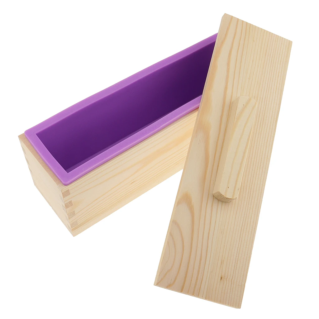 1 Pieces Wood Soap Cutting Tool Wire Slicer & 1 Pieces Purple Silicone Mold Rectangle Shaped with a Wooden Box (Including Lid)