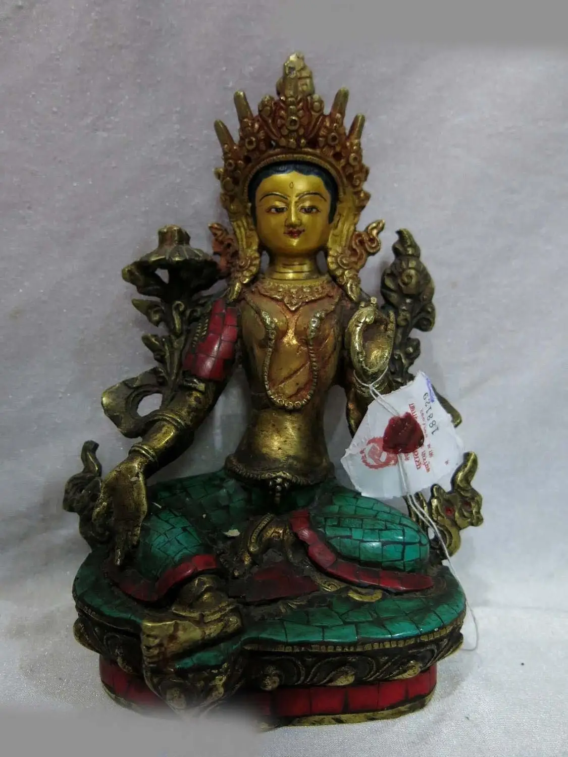 

9" Tibet old bronze gild calaite sculpture buddhism Green Tara Kwan-yin Statue A(0505)