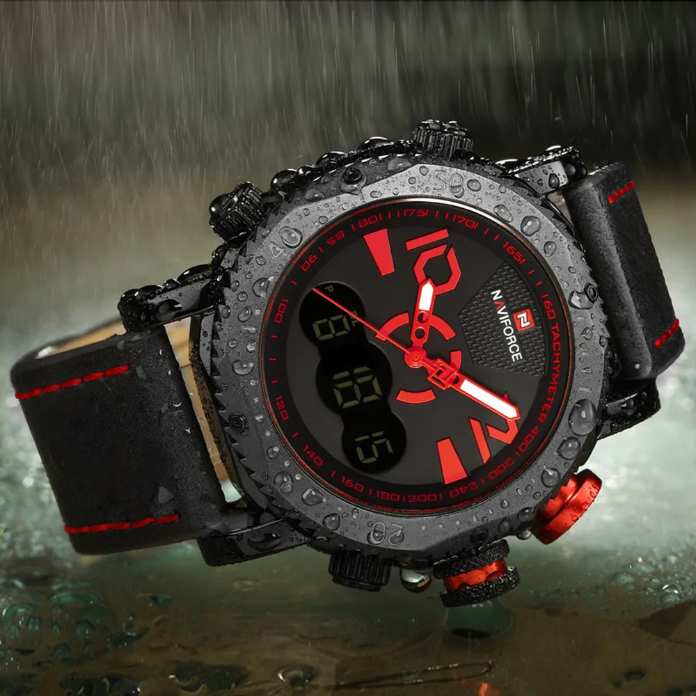 NAVIFORCE 2018 Brand Waterproof Men Leather Sport Military Watch Dual Time Quartz Analog Wristwatch