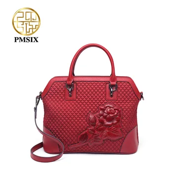 

PMSIX Embossed Floral Canvas Designer Women Handbag Waterproof Large capacity Red Bags Ladies Simple Diamond Lattice Shoulder B