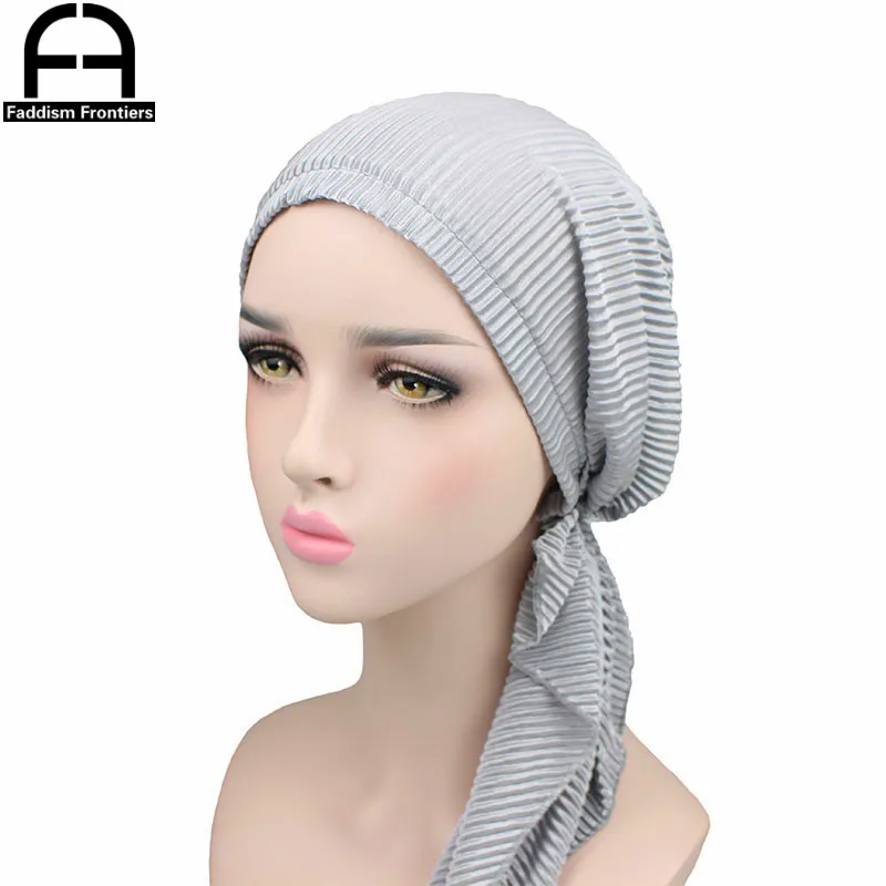 Модные женские шелковистые тюрбан морщинки головные уборы для химиотерапии мусульманский тюрбан шапка аксессуары для волос и головы хиджаб головной убор-тюрбан - Цвет: Серый