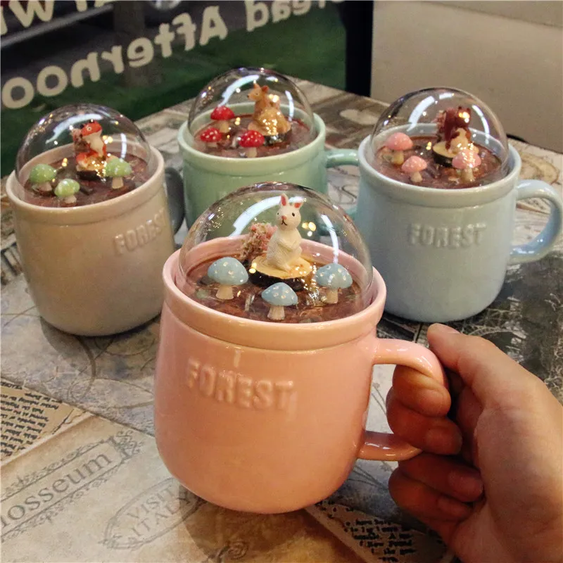 

Micro Landscape Milk Cups Animal Coffee Mugs 400ml Creative Cartoon Cup Ceramic Mug with Lid Couples Breakfast Mug Beauty Gifts