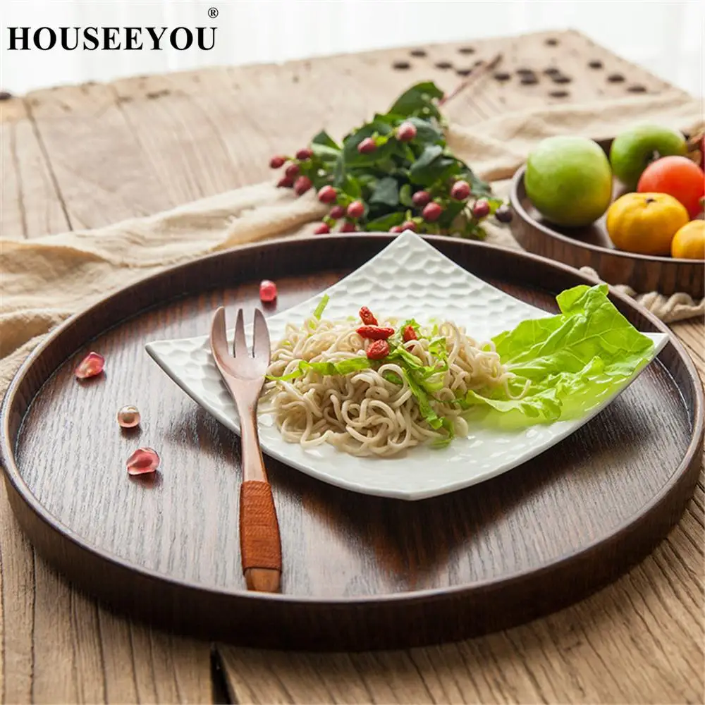 Round Natural Wood Serving Tray Wooden Plate Tea Food Server Dishes Water Drink Platter Bamboo Rectangular Container
