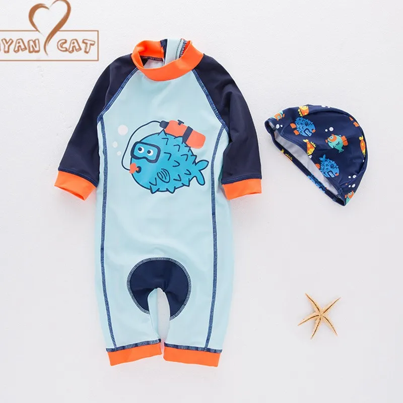 

Nyan Cat baby boy fish swimwear+hat 2pcs set swimming suit toddler kids children swimwear diving clothing costume beach wear
