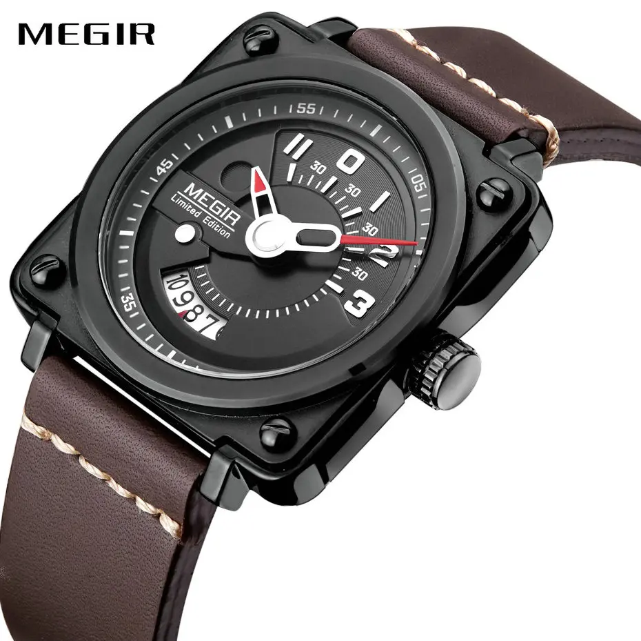

MEGIR Fashion Quartz Watches for Men Leather Band Square Case Top Brand Luxury Mens Watches Calendar Clock Military Wristwatches