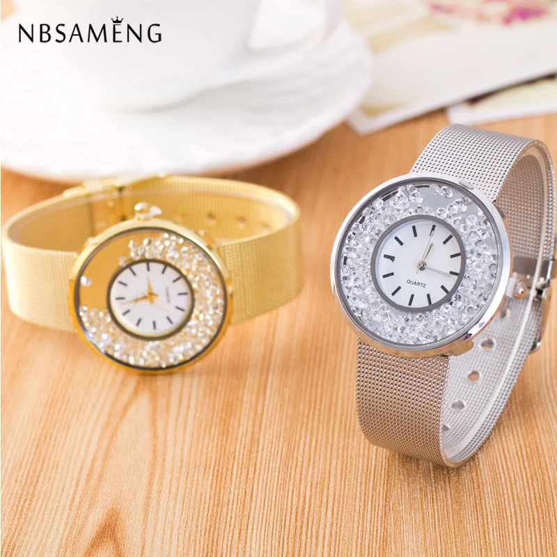 

New Women Watch Mesh Band Crystal Luxury Dress Golden Silver Ladies Casual Fashion Quartz Watches Relogio Feminino LZ4216