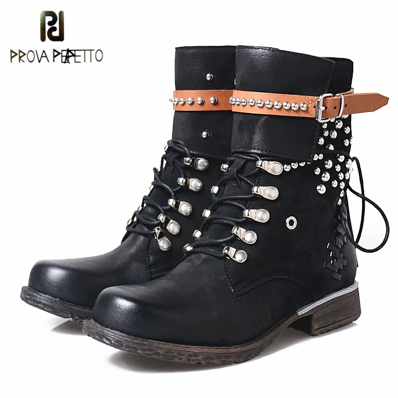 

Prova Perfetto 2018 Euramerican Style New Arrival Fashion Belt Buckle Short Martin Boots Lace up Low Heel Round Toe Woman Boots