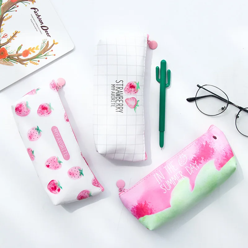 Корейский простой чехол-карандаш BECODE, милые школьные принадлежности для студенток, сумка для хранения, большая емкость, розовая клубника, Полиуретановая Сумка-карандаш