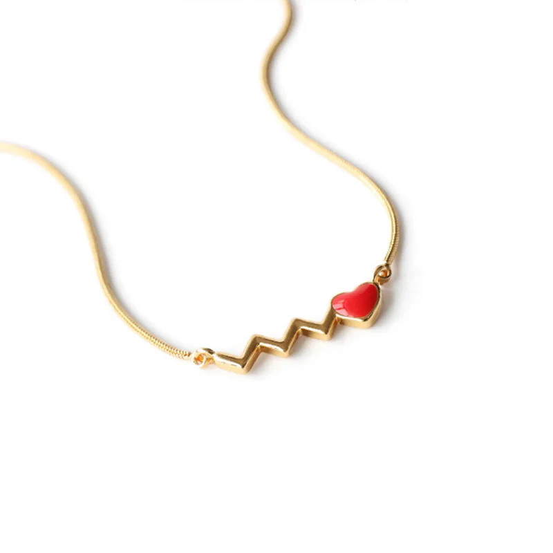 

Red Heart ECG Design Necklace For Women Fashion Neck Chain Office Lady Simple Trendy Chain Gift Girls Copper Necklace Present