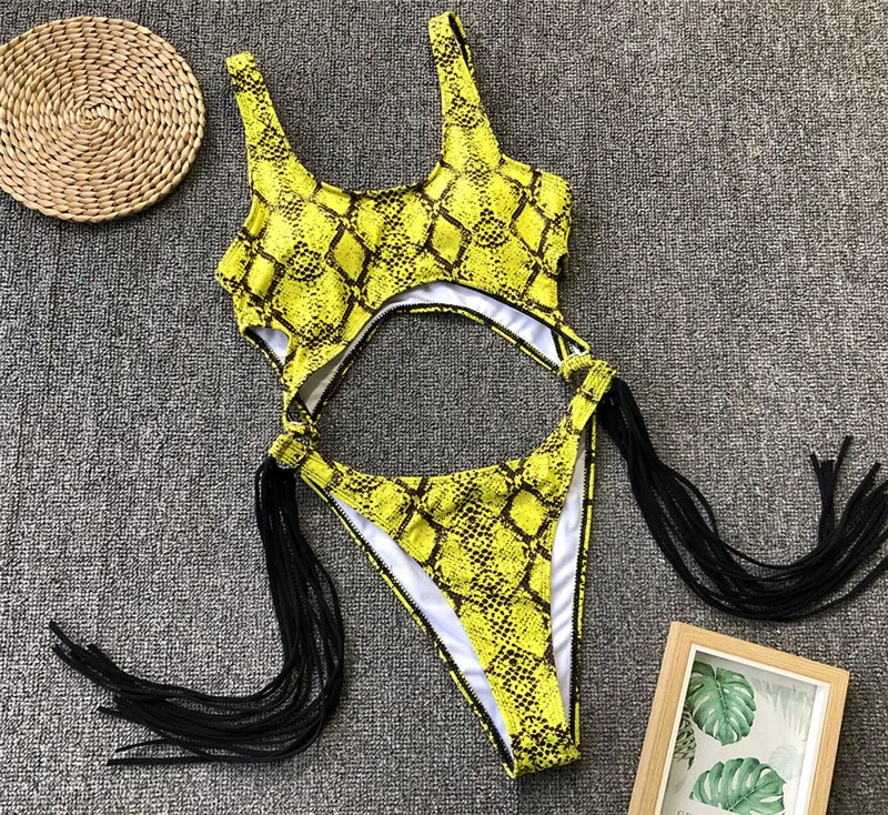 Цельный купальник, Леопардовый, бразильский, сексуальный, полый, бикини,, новинка, пуш-ап, купальник, женская одежда с кисточками, Цельный купальник, одежда для плавания - Цвет: Yellow snake