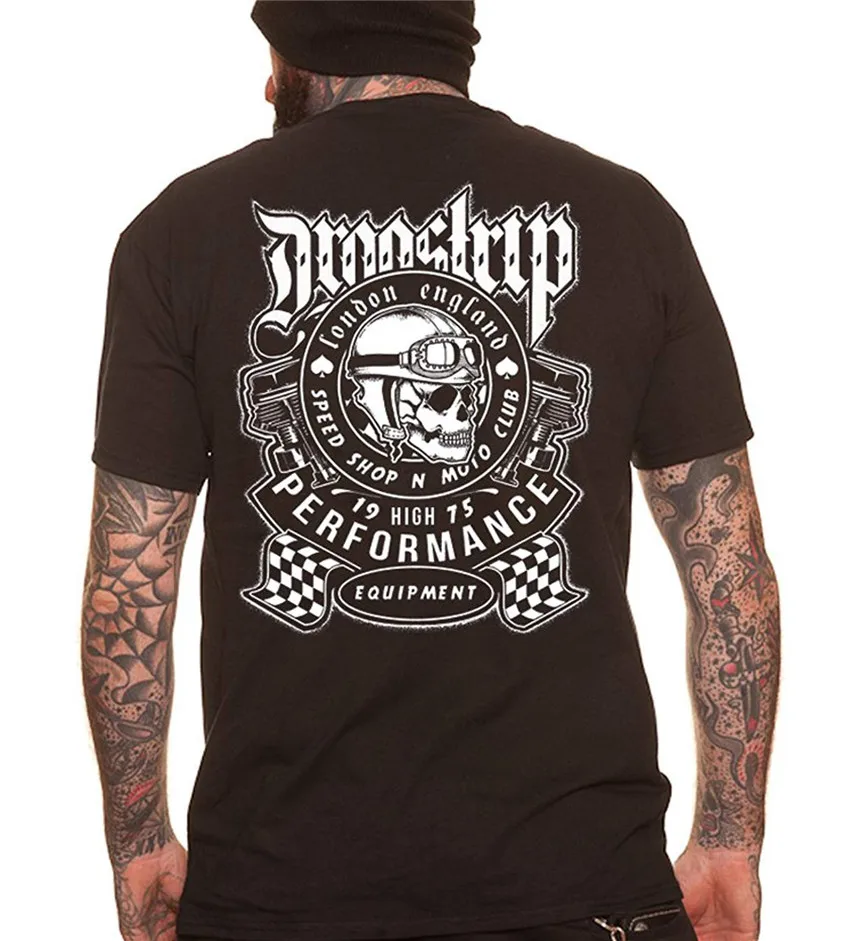 

Dragstrip Clothing Moto Club Cafe Racer Mens Streetwear Tshirt Skull And Racer Flags Round Neck T Shirt