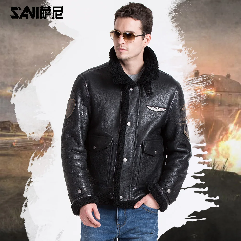 Real sheepskin fur flight Jacket B3 Male genuine leather overcoat  moto and biker natural full pelt  fur coat Men's