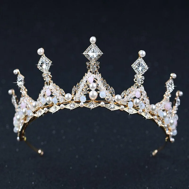 

New Fashion Women Baroque Crystal Floral Tiara Headdress Pearls Rhinestone Bride Crown Wedding Bridal Diadem Hair Accessories JL