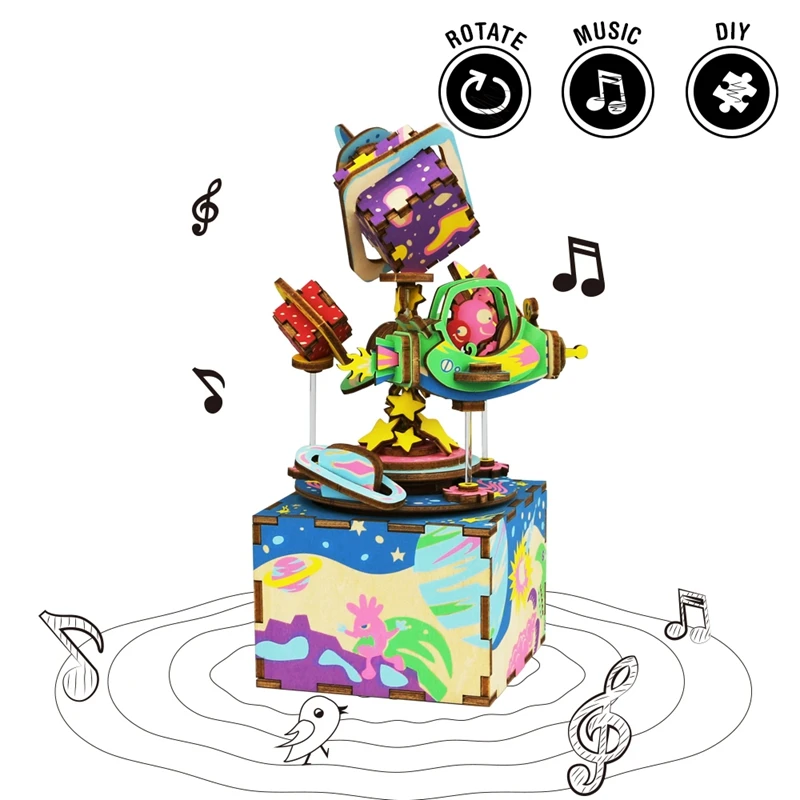

Robotime DIY Rotatable Universe Explore Wooden Music Box Hand Clockwork Type Home Decor Beauty Gift for Friends Children AM403