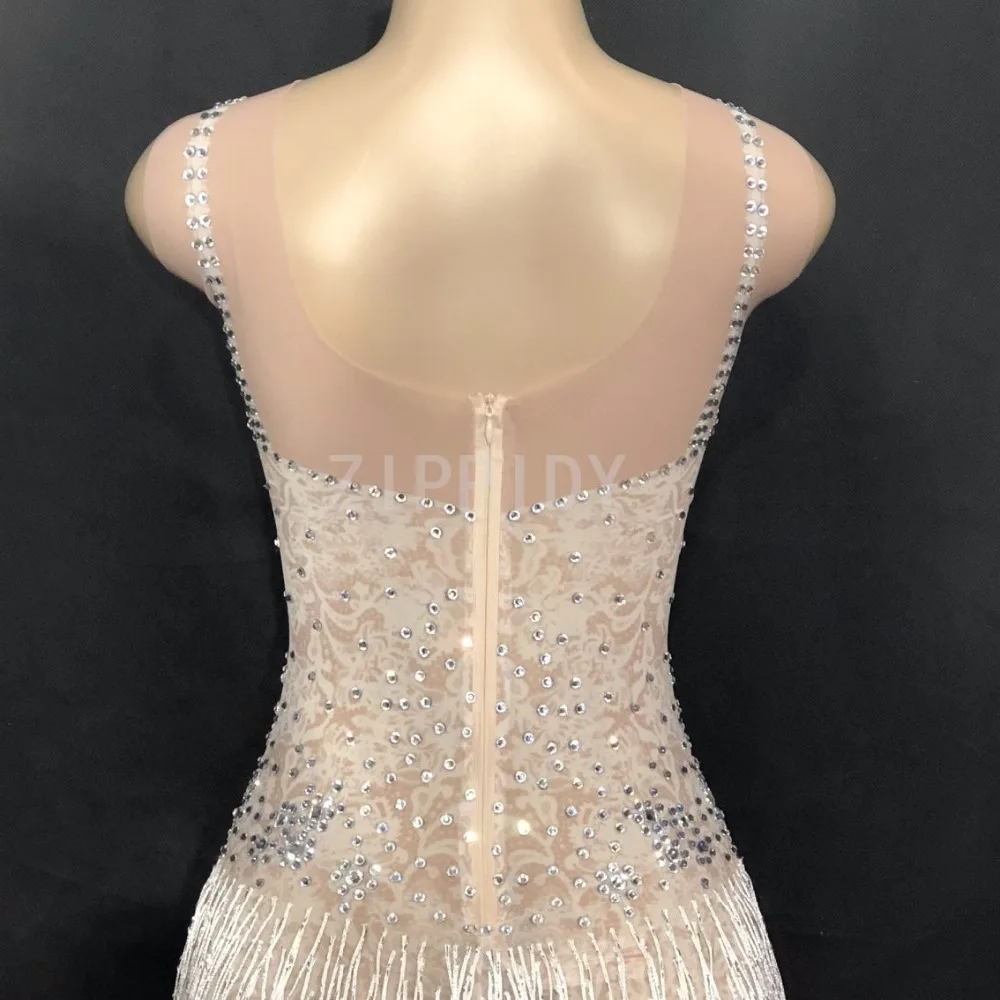 Glisten Rhinestones Tassel See Through Dress Female Singer Bar Dresses Birthday Celebrate Costume Mesh Long Dress Stones Wear