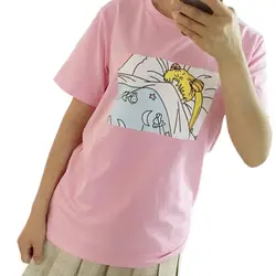 Очень милая футболка для девочек летние Цвет узор хлопок футболка с круглым вырезом 2018 японский Для женщин Девушка Печать короткий рукав