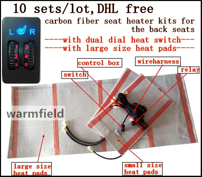 10 компл./лот, DHL бесплатно, сиденье из углеродного волокна комплект подогревателей для заднего сиденья автомобиля с двойным переключателем тепла