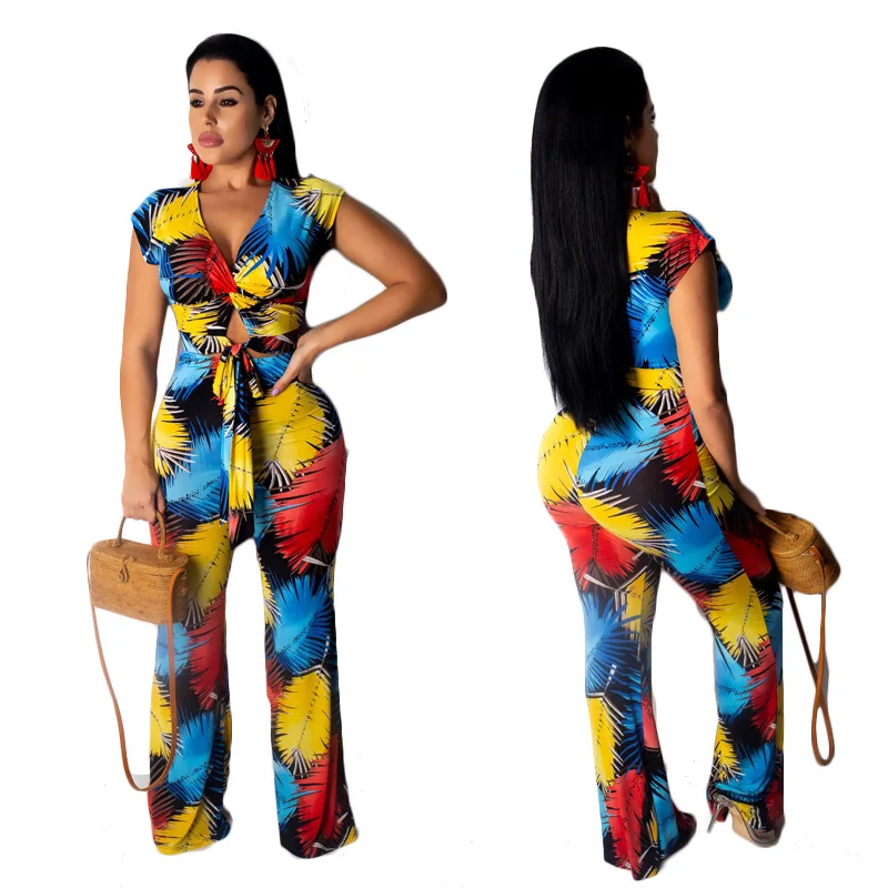

Fashion Sexy Women Print Pants Suit Female 2PCS Set V Neck Crop Top T Shirt+Wide Leg Pants Sets Women Summer Beach Two Piece Set