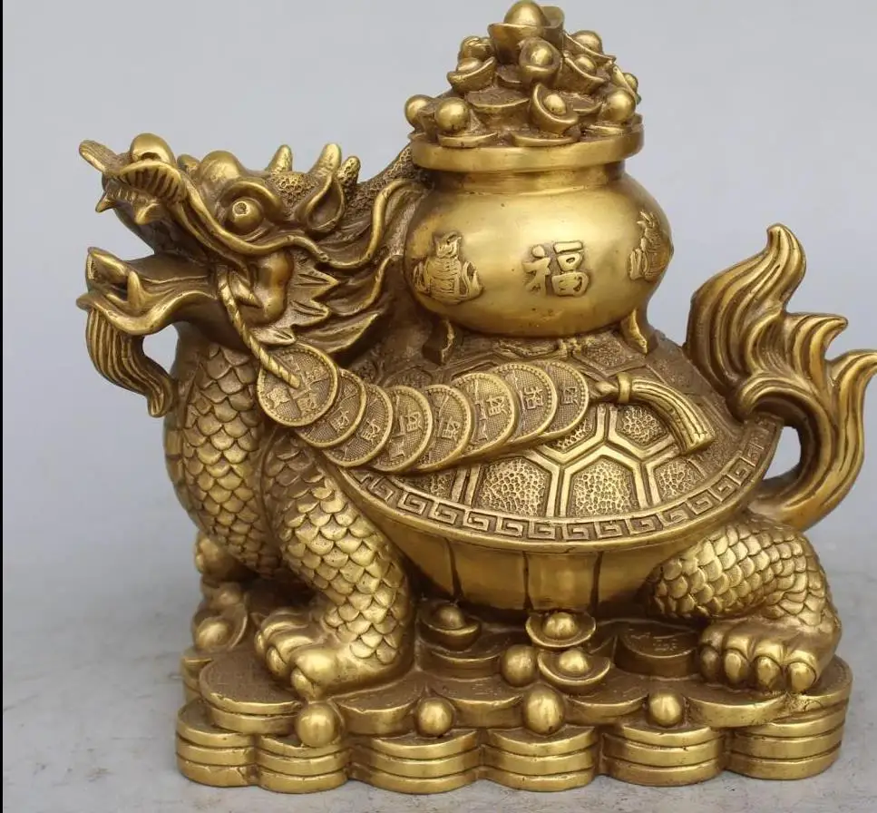 

6243<<10"China Bronze Wealth Yuanbao Money Dragon Turtle tortoise Treasure Bowl Statue
