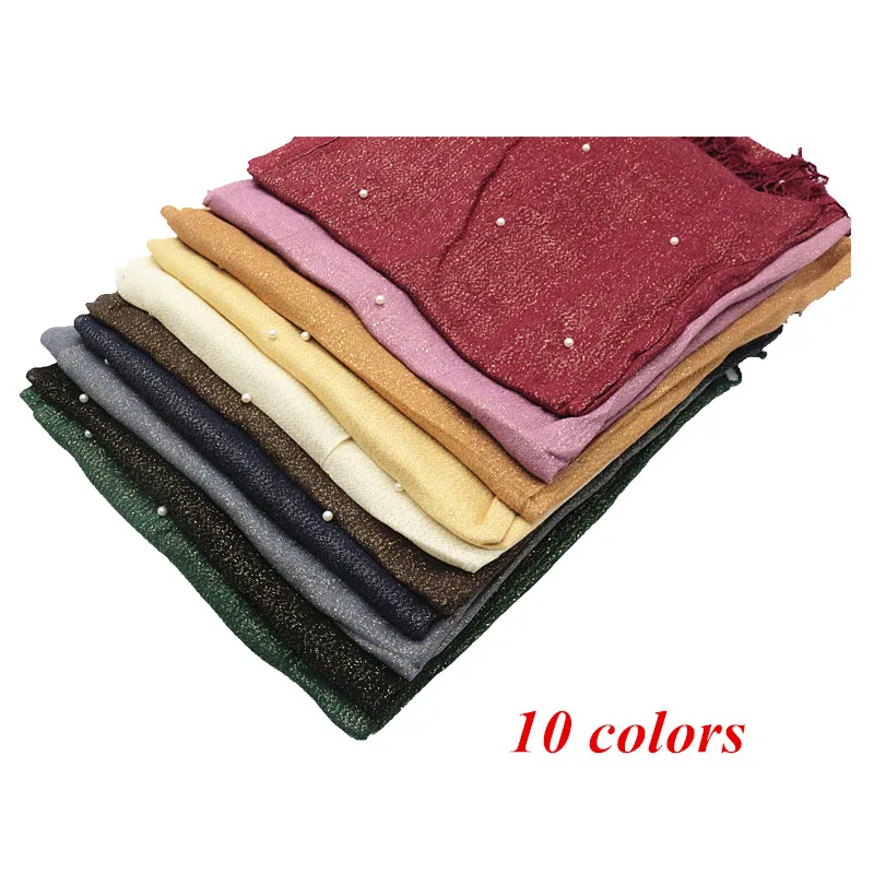 

Hot sale pearls gold thread hijab women scarf viscose solid shawl nice beads muslim head wraps elegant scarves 10pcs/lot