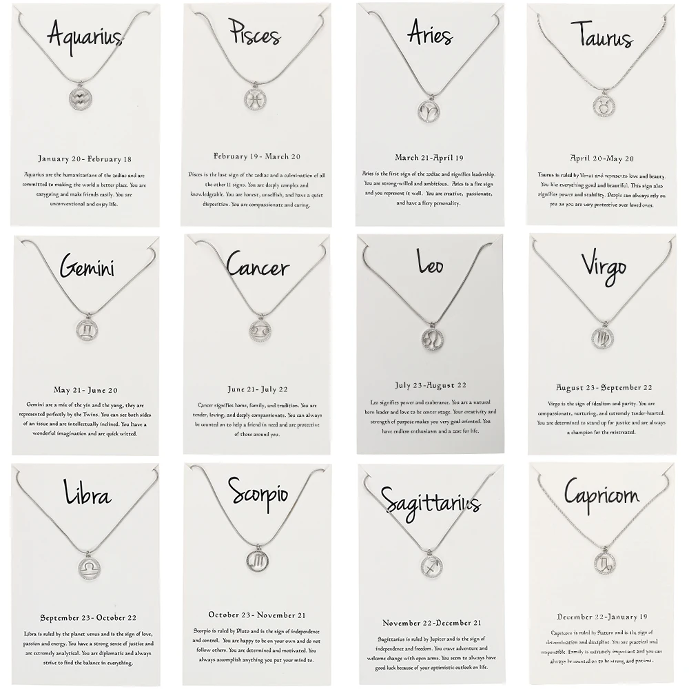 

Wish Card Necklace Silver Twelve Constellation Necklace Copper Alloy Pendant Crystal Snake Chains Wish Gift Card Necklace