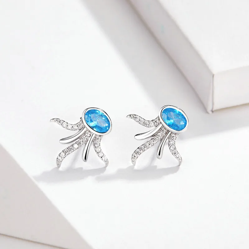 

BISAER Authentic Earrings 925 Sterling Silver Tropical Octopus Small Stud Earrings for Women Silver Jewelry Brincos EFE122