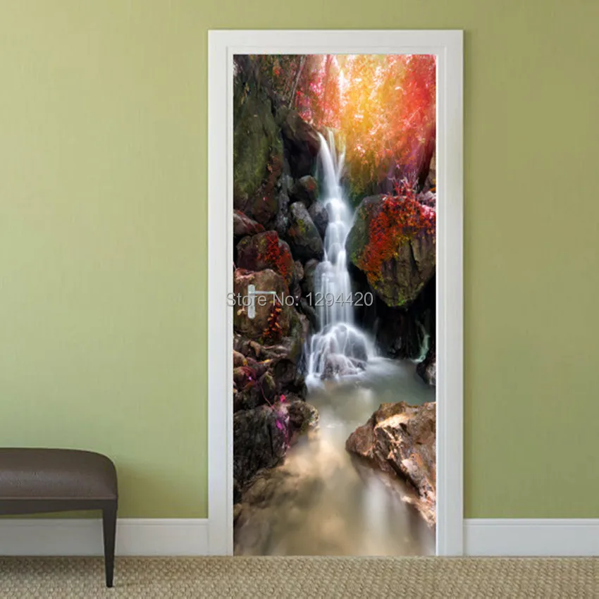 77*200 см Ожесточенные Тигр водопад пейзаж 3d двери росписи стены винила искусства наклейки, украшения домашнего офиса пейзаж плакат на стену