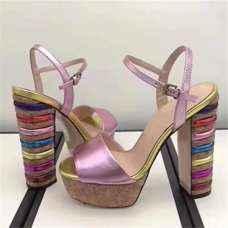 Сандалии-гладиаторы на высоком металлическом каблуке; женская летняя обувь из натуральной кожи; цвет радуги; Босоножки на платформе и массивном каблуке 13 см - Цвет: light purple