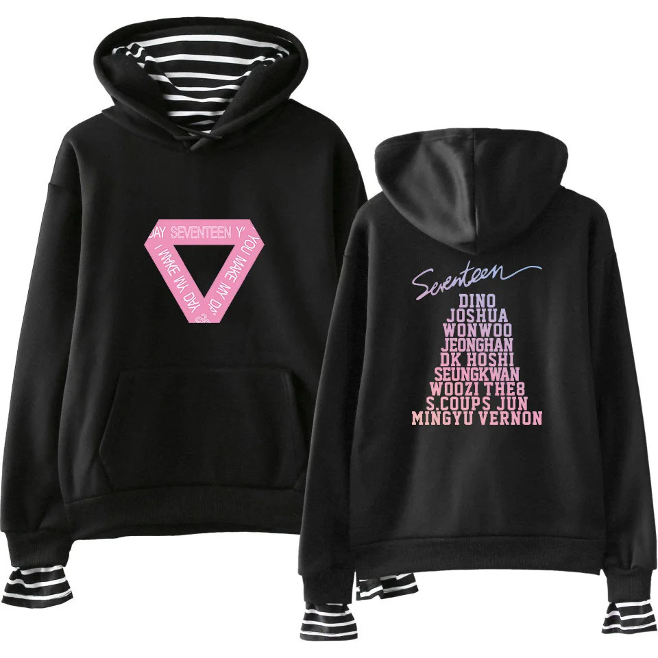 Kpop SEVENTEEN 17 harajuku полосатый воротник свободный поддельный два плюс бархатный