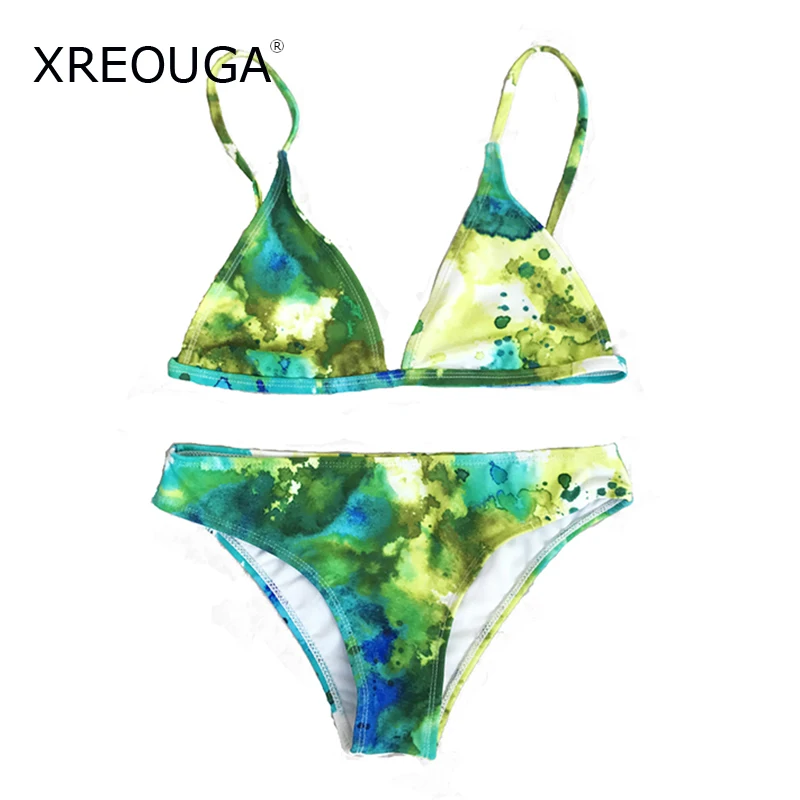 XREOUGA Hot Green Tie Dye Swimsuits Women Sexy Halter Bikini Chinese