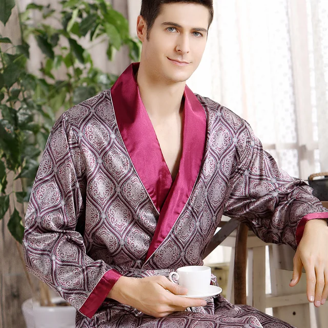 Халат-кимоно Мужской Шелковый с длинным рукавом, халаты с геометрическим принтом, атласная ночная рубашка с V-образным вырезом, домашняя одежда для сна, большие размеры 5XL 1