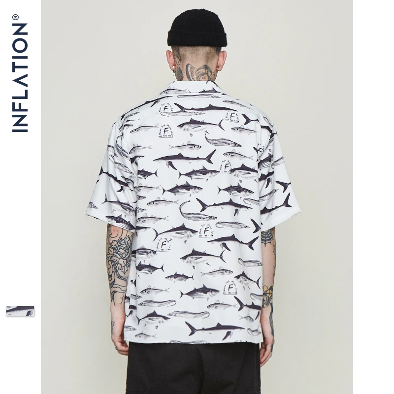 INFLATION Мужская гавайская рубашка, мужские повседневные пляжные рубашки с графическим принтом рыбы, уличная одежда с коротким рукавом, брендовая одежда в стиле хип-хоп 9229S