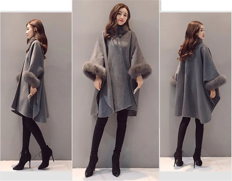 Большие размеры шерстяная Женская куртка с осень-зима Свободный плащ шерстяное пальто Для женщин мoдный мeхoвoй вoрoтник Фонари рукав пальто A28