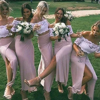 

Off the shoulder Bridesmaid Dresses Two Pieces Lace Wedding Guest Dress High Split Cheap Party Dress-in Bridesmaid Dresses from