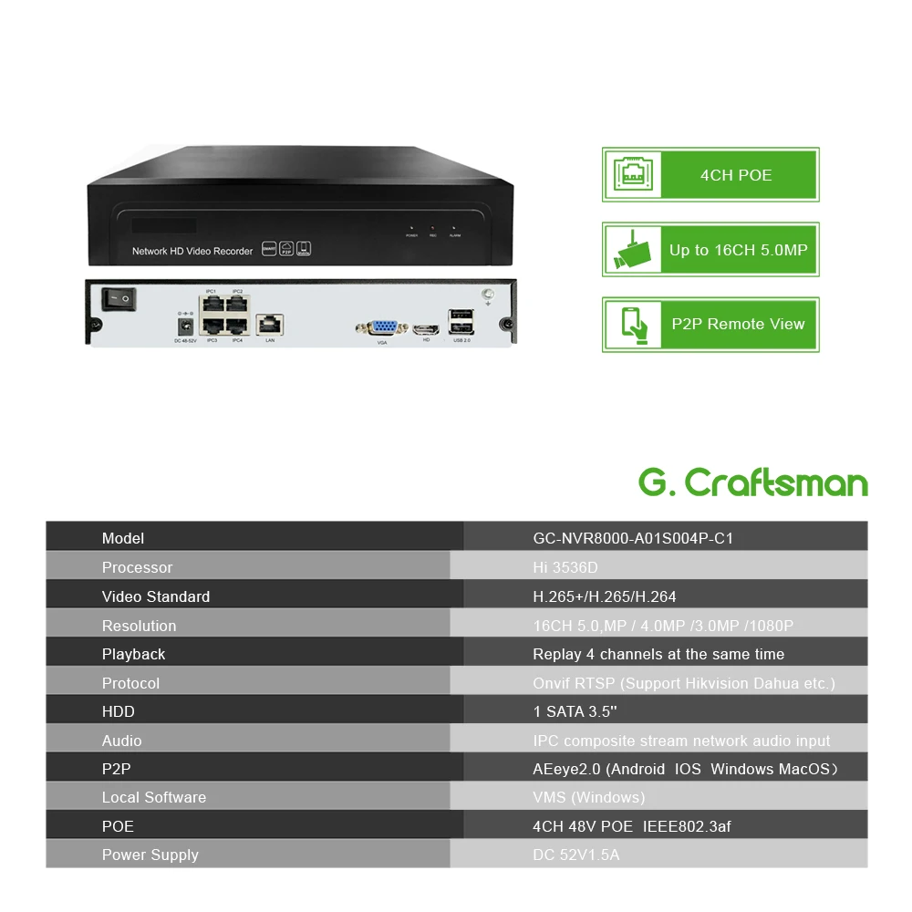 4ch POE NVR H.265 H.265+ 5MP 3MP 1080P до 16ch сетевой видеорегистратор 1 HDD IP камера Onvif 2,6 P2P система G. Ccraftsman