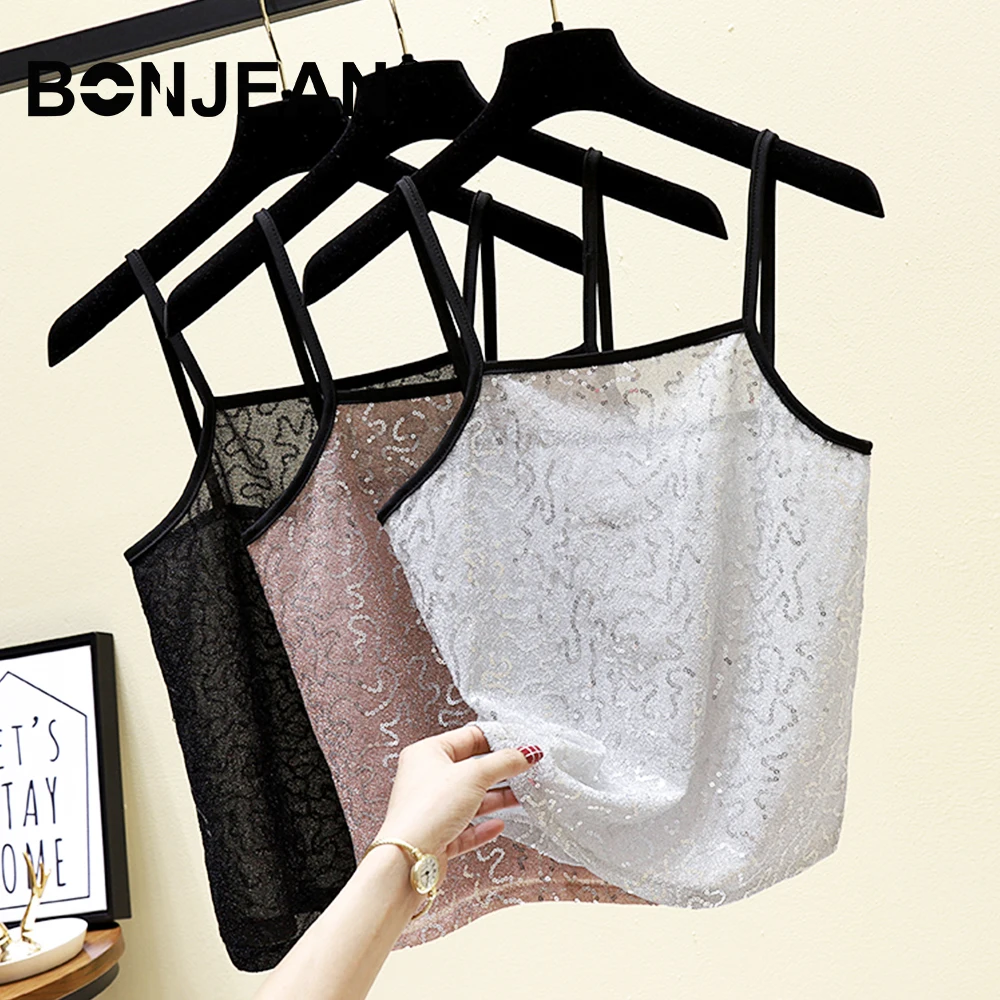 

Sequin Top Femme Transparent Sexy Crop Top Mujer Black Silver Pink Top Feminino Sleeveless Bustier Summer Shirt Women Z175