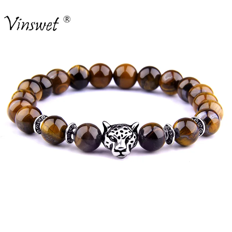 Silver Color Leopard Head Men Bracelet Natural Healing Energy Tiger Eye Stone Beads Bracelets Women Jewelry Friendship Pulseras|Плетеные
