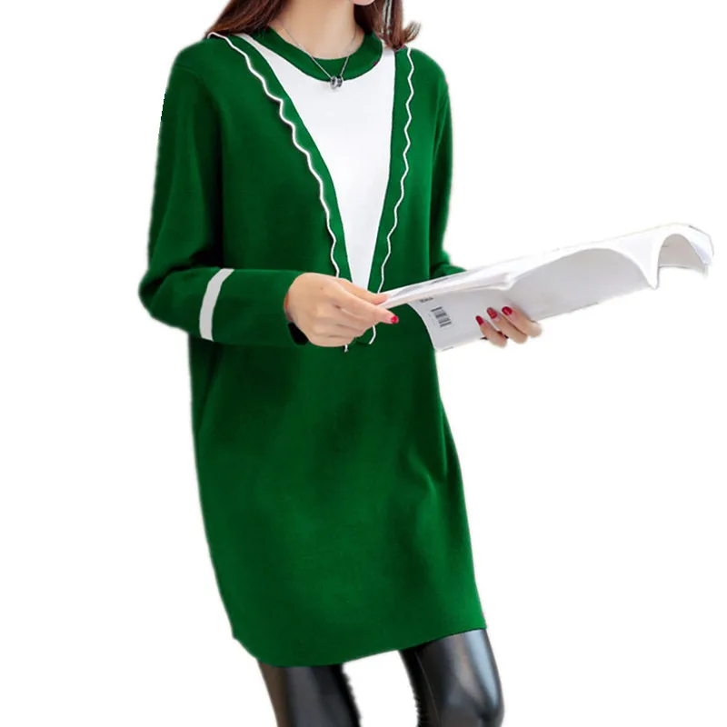 

New Korean Sweety Ruffles V-Neck Patchwork Long Sweater for Women Green Pullovers Female Jumper Black Sweaters Dress Pull Femme