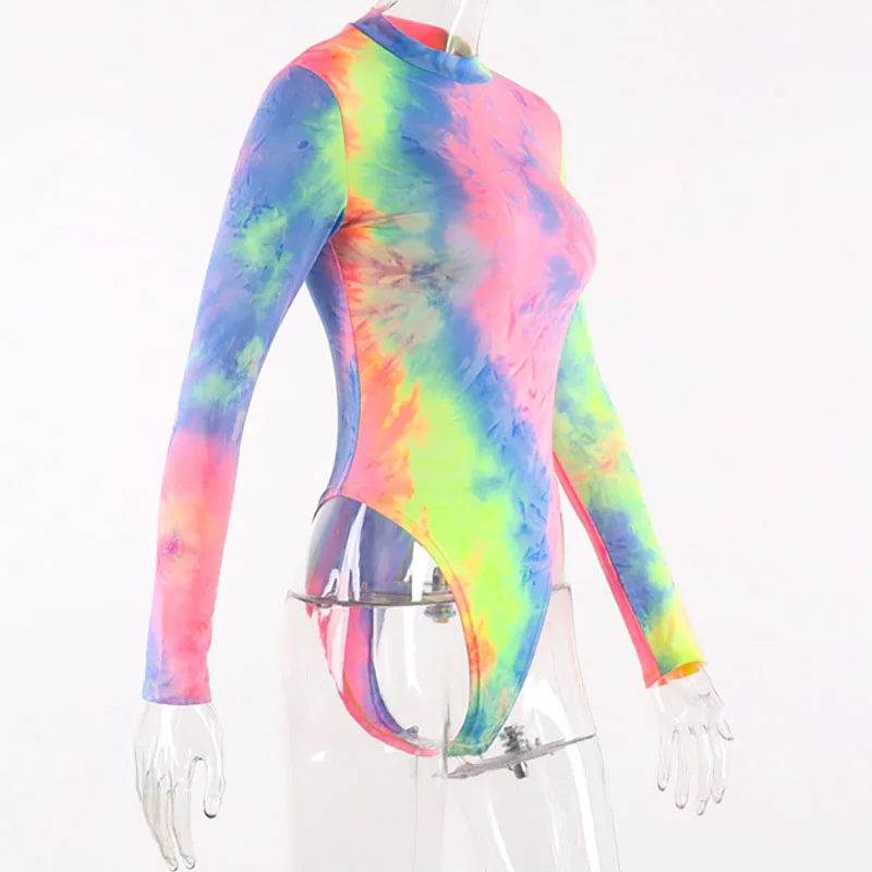 Nadafair Tie Dye обтягивающее сексуальное боди с длинным рукавом для женщин с круглым вырезом Радуга Осень Зима Повседневное боди Топы женские