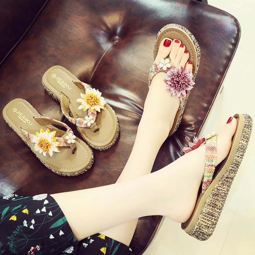 Для женщин Пляжная женская обувь, Тапочки Летние сандалии Вьетнамки с цветами; пляжные сандалии на танкетке; шлепанцы на платформе;# g2